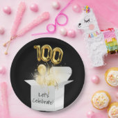 白いボックスの100誕生日金ゴールドバルーン ペーパープレート (パーティー)