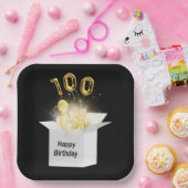 白いボックスの100金ゴールド誕生日バルーン ペーパープレート (パーティー)