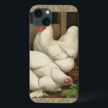 白いボーダーが付いている鶏小屋の外のオンドリ及び雌鶏 iPhone 13ケース<br><div class="desc">鶏小屋の活発なオンドリそして雌鶏を表示する素朴な芸術のプリント。 darcのベージュ色のボーダーは螺線形の要素からパターン成っていますです。 このプリントは田園国の家の装飾へgreadの付加です。</div>