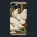 白いボーダーが付いている鶏小屋の外のオンドリ及び雌鶏 iPhone 13ケース<br><div class="desc">鶏小屋の活発なオンドリそして雌鶏を表示する素朴な芸術のプリント。 darcのベージュ色のボーダーは螺線形の要素からパターン成っていますです。 このプリントは田園国の家の装飾へgreadの付加です。</div>