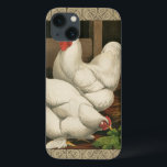 白いボーダーが付いている鶏小屋の外のオンドリ及び雌鶏 iPhone 13ケース<br><div class="desc">鶏小屋の活発なオンドリそして雌鶏を表示する素朴な芸術のプリント。 darcのベージュ色のボーダーは螺線形の要素からパターン成っていますです。 このプリントは田園国の家の装飾へgreadの付加です。</div>