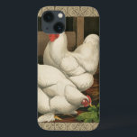 白いボーダーが付いている鶏小屋の外のオンドリ及び雌鶏 iPhone 13ケース<br><div class="desc">鶏小屋の活発なオンドリそして雌鶏を表示する素朴な芸術のプリント。 darcのベージュ色のボーダーは螺線形の要素からパターン成っていますです。 このプリントは田園国の家の装飾へgreadの付加です。</div>