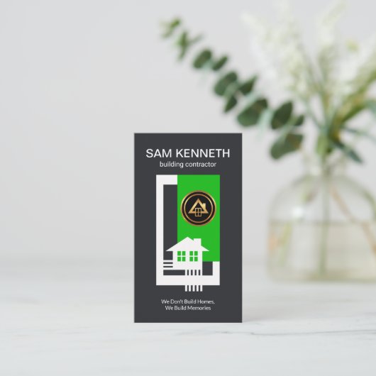 白いボーダー木造家屋のRebarsの緑の木のブロック 名刺 (スタンド正面)