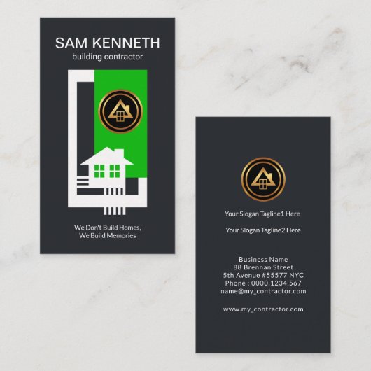 白いボーダー木造家屋のRebarsの緑の木のブロック 名刺 (正面/裏面)