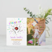 白いボーリング誕生日招待状と写真 招待状 (スタンド正面)