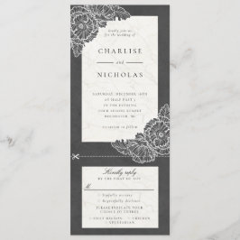 白いポピーとグレーの花柄の結婚式招待状 RSVP 招待状