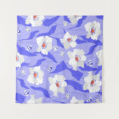 白いポピーの花：手描きの紫の連続パターン タペストリー (正面(横))