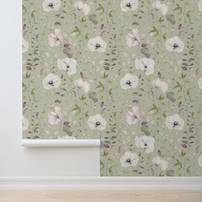 白いポピーエレガントズフローラルパターンミストグリーン 壁紙 (アプリケーション)