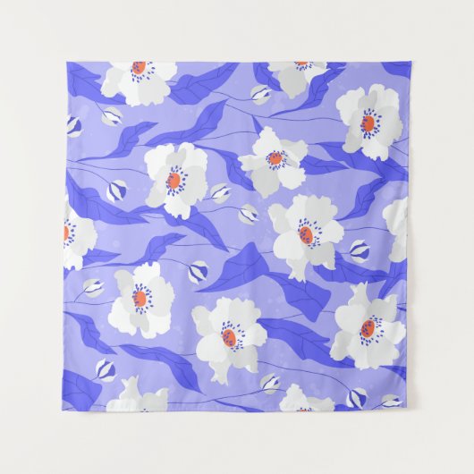 白いポピー:手描きの紫のシームレス タペストリー (正面(横))