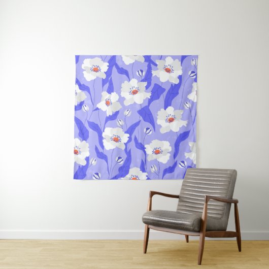白いポピー:手描きの紫のシームレス タペストリー (インサイチュ)