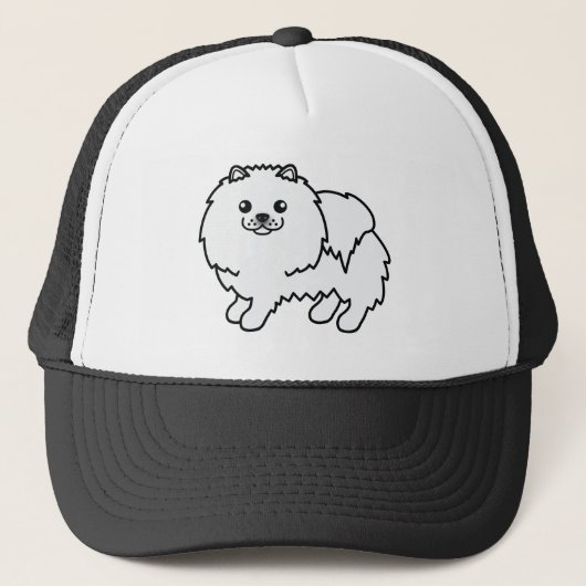 白いポメラニアンのおもちゃの犬のキャラクターイラスト キャップ (正面)