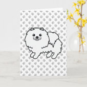 白いポメラニアンの可愛いキャラクターデザインの犬と足 カード (黄色い花)