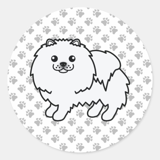 白いポメラニアン かわいい カートゥーン 犬 と 肉球 ラウンドシール (正面)
