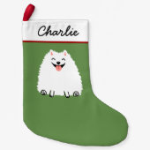 白いポメラニア犬の漫画の犬、かわいいポミークリスマス スモールクリスマスストッキング (正面)
