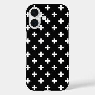 白いポルカが黒に交差 iPhone 16ケース