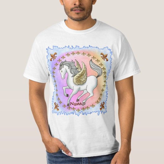 白いポーズをとるペガサスのユニコーン Tシャツ (正面)