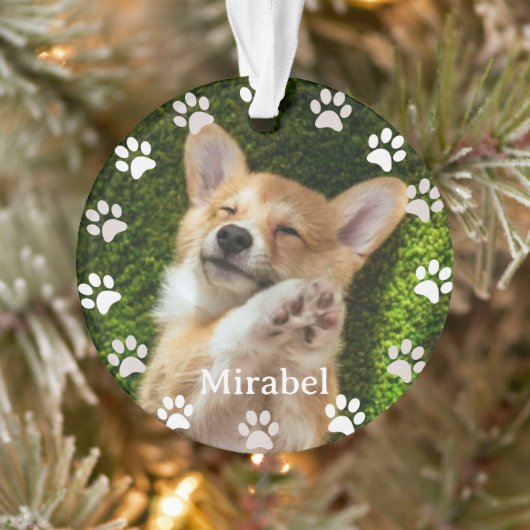 白いポープリントフレームカスタムペットの写真と名前 オーナメント (ツリー)