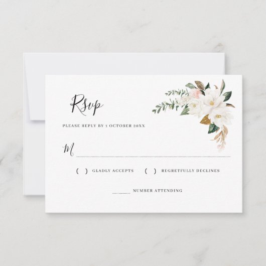 白いマグノリアとピンクの花のRSVPカード 出欠カード (正面)