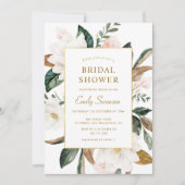 白いマグノリアのゴールドフレーム ブライダルシャワー 招待状 (正面)