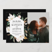 白いマグノリアのフローラ写真モダン日付を保存 セーブザデート (正面/裏面)