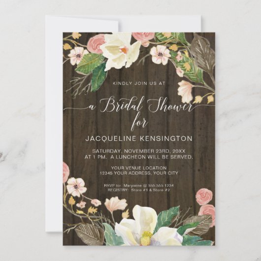 白いマグノリアの優しい花のブーケ　ラスティックな古びた木の暖かさ 招待状 (正面)