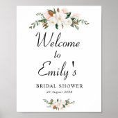 白いマグノリアの花のブライダルシャワーのウェルカムサイン ポスター (正面)