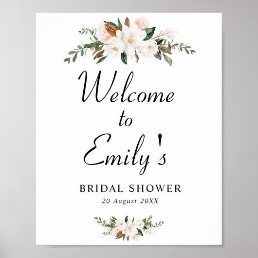 白いマグノリアの花のブライダルシャワーのウェルカムサイン ポスター (正面)