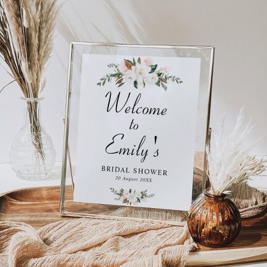 白いマグノリアの花のブライダルシャワーのウェルカムサイン ポスター