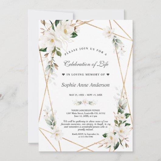 白いマグノリアの花 ゴールド セレブレーション オブ ライフ 招待状 (正面)