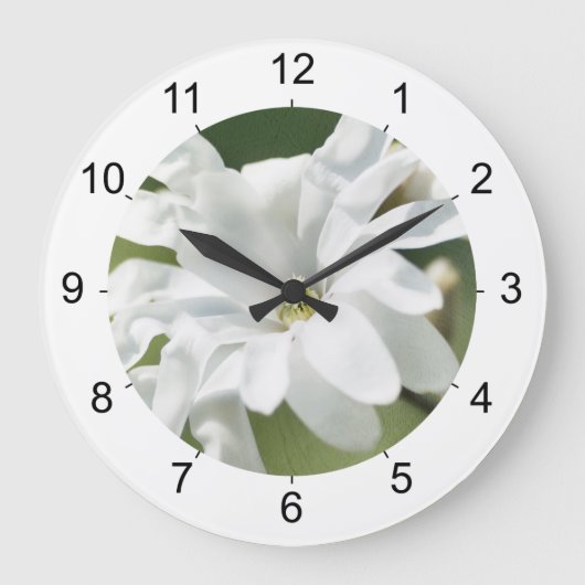 白いマグノリアの花 ラージ壁時計 (正面)
