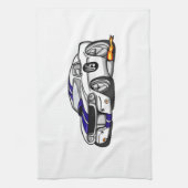 白いマッスルカーの漫画 – 背景色を選択 キッチンタオル (縦)