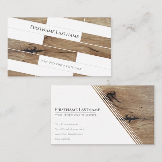 白いミニマルエレガント木の寄木張り 名刺 (正面/裏面)