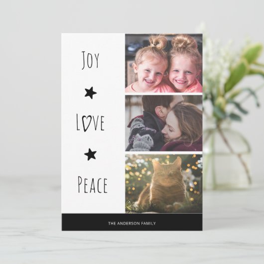 白いミニマル喜び愛の平和の写真クリスマス シーズンカード (スタンド正面)