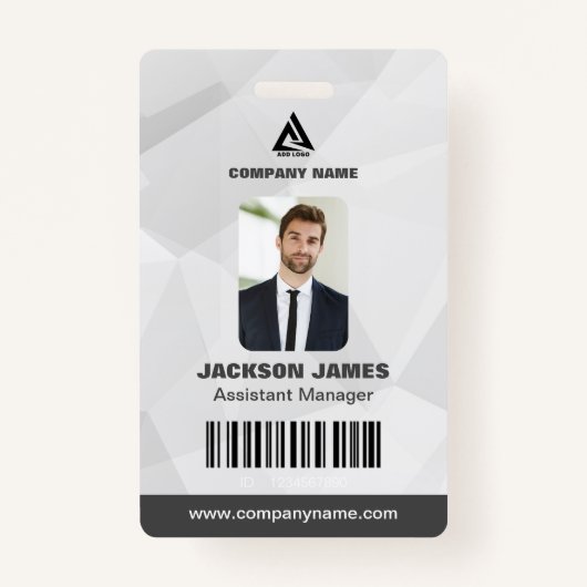 白いミニマル幾何学的およびグレーの会社IDカード バッジ (正面)