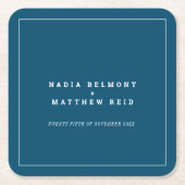 白いミニマル輪郭を持つネイビー結婚ブルー スクエアペーパーコースター (正面)