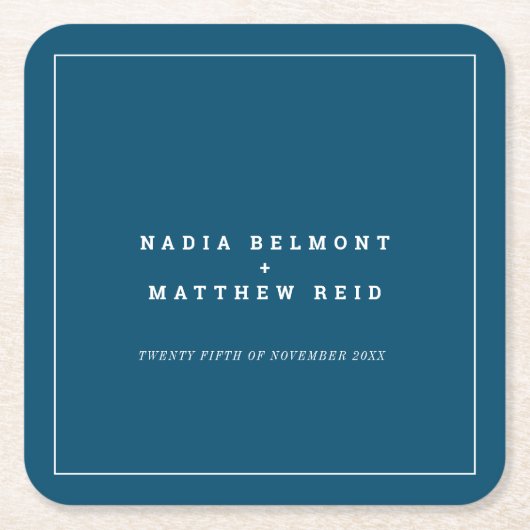 白いミニマル輪郭を持つネイビー結婚ブルー スクエアペーパーコースター (正面)
