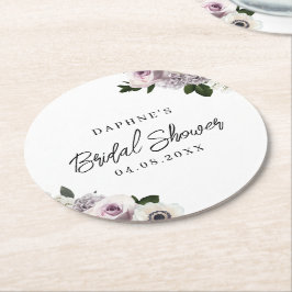 白いムーディーなアネモネと紫の花のブライダルシャワー ラウンドペーパーコースター
