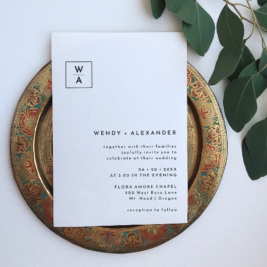 白いモダンな大胆なイニシャル紋章の結婚式 招待状