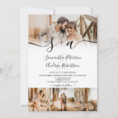 白いモダンイニシャルは5枚の写真をスクリプ結婚ト 招待状 (正面)