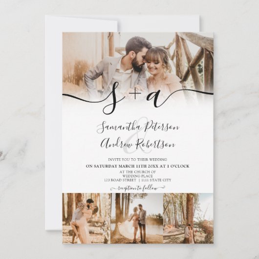 白いモダンイニシャルは5枚の写真をスクリプ結婚ト 招待状 (正面)