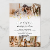 白いモダンイニシャルは5枚の写真をスクリプ結婚ト 箔招待状 (正面)