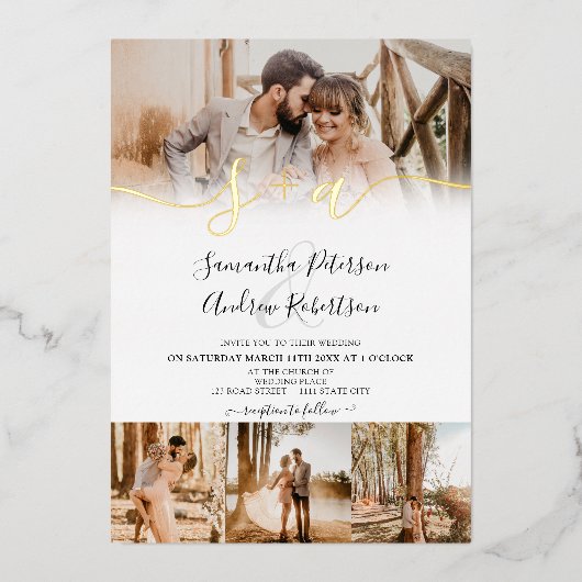 白いモダンイニシャルは5枚の写真をスクリプ結婚ト 箔招待状 (正面)