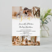 白いモダンイニシャルは5枚の写真をスクリプ結婚ト 箔招待状 (立ち正面)