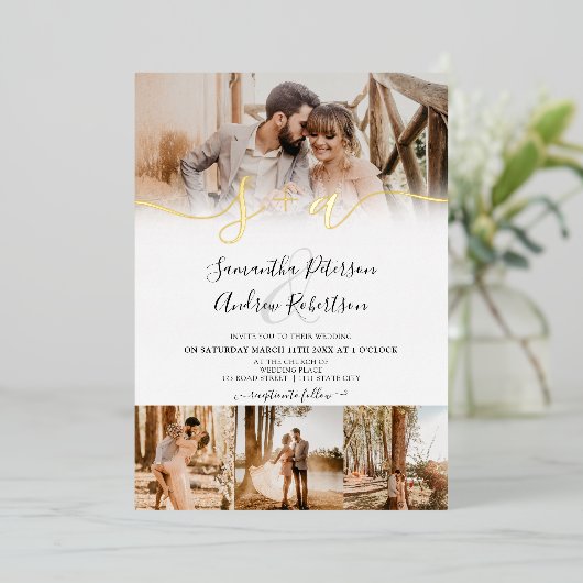 白いモダンイニシャルは5枚の写真をスクリプ結婚ト 箔招待状 (立ち正面)