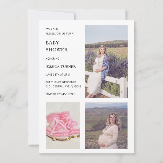 白いモダンコラージュ少女の赤ちゃんシャワー 招待状 (正面)