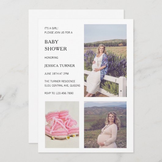 白いモダンコラージュ少女の赤ちゃんシャワー 招待状 (正面/裏面)