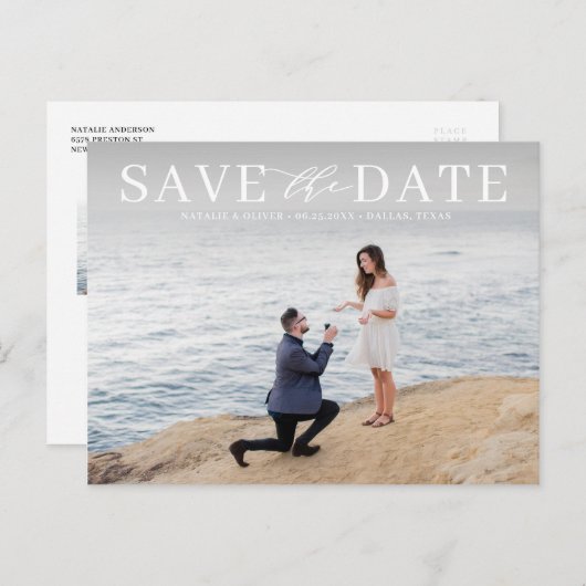 白いモダンタイポグラフィ写真の日付の保存 案内ポストカード (正面/裏面)