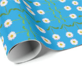 白いモダンデイジーのティール（緑がかった色）背景 ラッピングペーパー (ロールコーナー)