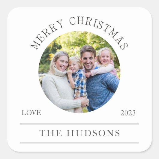 白いモダンメリークリスマスラウンド写真 スクエアシール (正面)