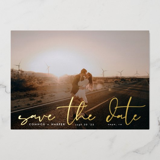 白いモダン写真の結婚金ゴールド 箔招待状 (正面)